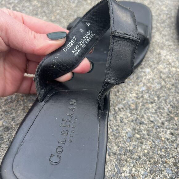 Cole Haan Black Leather Square Slide Open Toe Sandals - Picture 9 of 10
